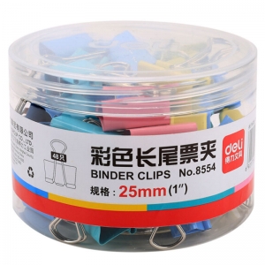 得力（deli）8554 筒装长尾票夹/燕尾夹/长尾夹/铁夹子/凤尾夹 25mm 彩色 48只/筒